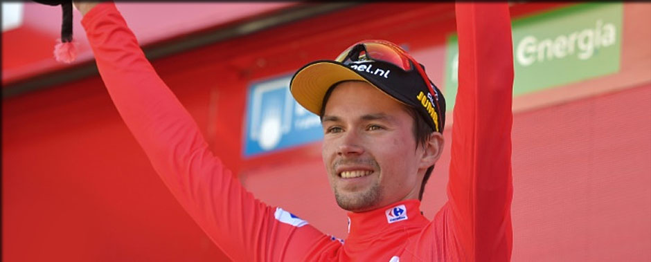 ROGLIC en maillot rouge à l'issue de la 14 ème étape arrivant à Oviedo, la vuelta 2019